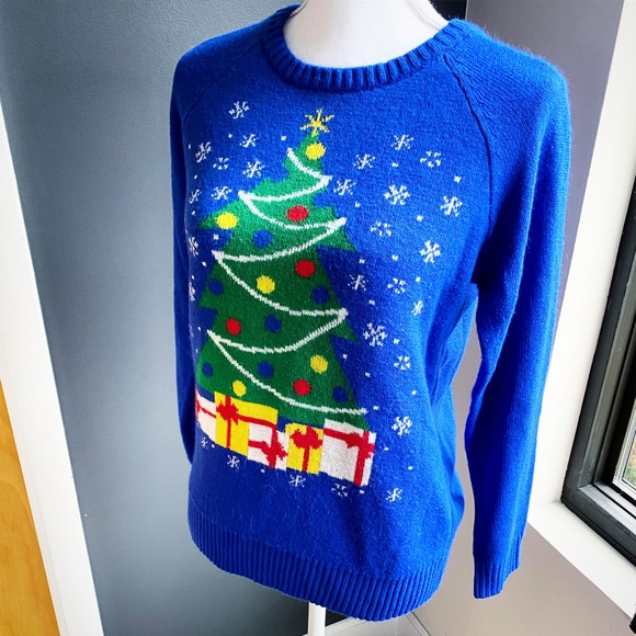 LOL Vintage Blue Xmas Tree Not So Ugly Sweater - Picture 1 of 8